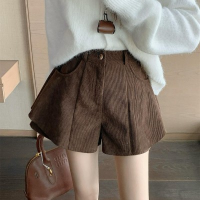 褐色灯芯绒高腰A字短裤